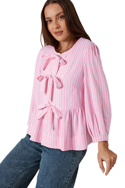 Trendy Women's Pink Striped Puff Sleeve Blouse with Bowknot Detail - Chic Crew Neck Top for Stylish Casual Looks