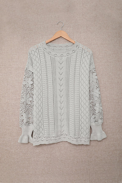 Women's Elegant Gray Crochet Lace Sweater - Cozy Long Sleeve Knit Top for Chic Fall Style and Comfort
