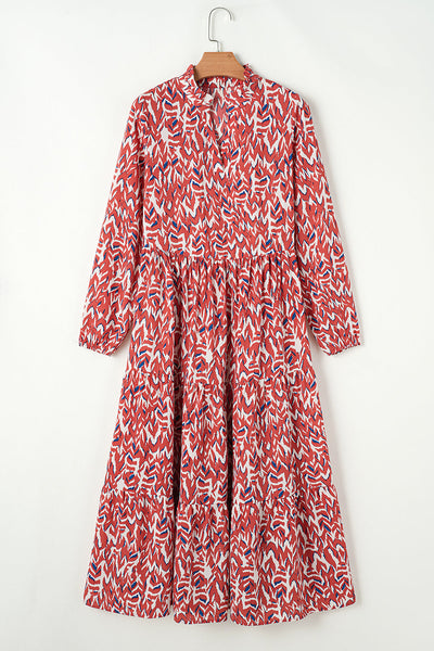 Chic Women's High Waist Midi Dress in Orange Abstract Print with V-Neck - Trendy Summer Style for Effortless Elegance
