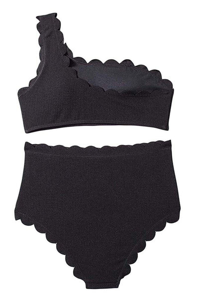 Scalloped One-Shoulder Black Bikini for Beach and Vacation