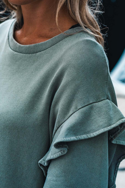 Women's Haze Blue Ruffled Mini Dress - Comfortable Long Sleeve Shift for Effortless Chic Style