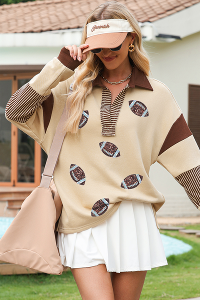 Women's Sequined Football Polo Sweatshirt with Striped Patchwork