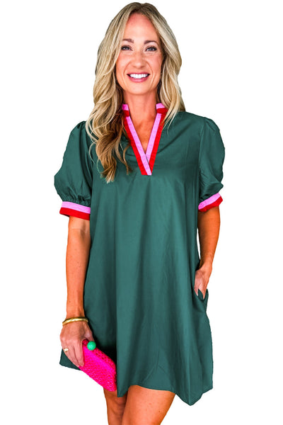 Women's Evergreen Contrast Striped Notched V Neck Puff Sleeve Mini Dress made for easy styling and wardrobe coordination, with premium-like structure