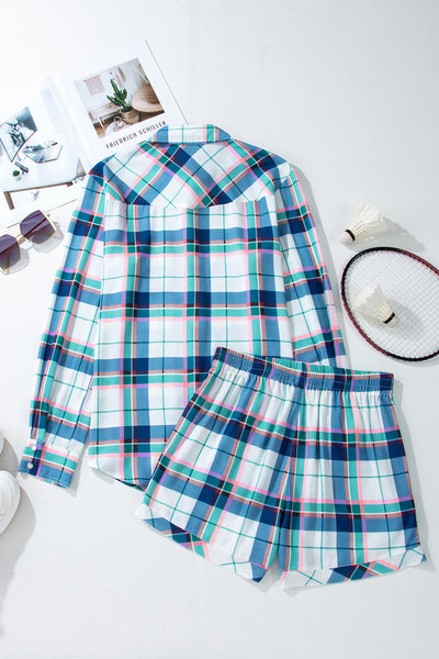 Cozy Women's Blue Plaid Lounge Set: Casual 2-Piece Summer Outfit with Relaxed Fit Shirt and Shorts for Ultimate Comfort