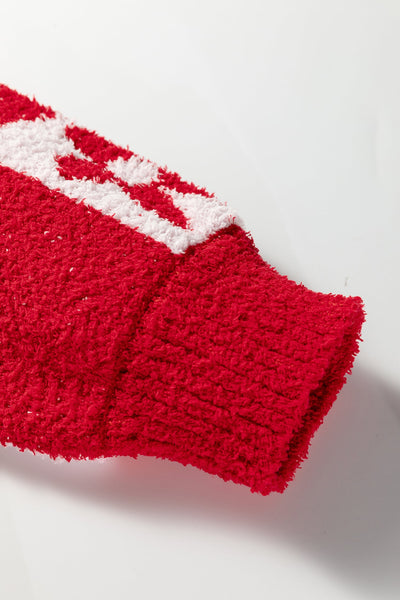 Women's Red Heart and Floral V-Neck Checkerboard Knit Sweater