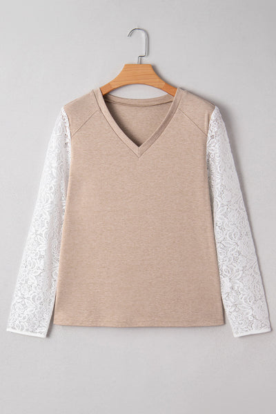 Women's V-Neck Oatmeal Long Sleeve Top with White Floral Lace