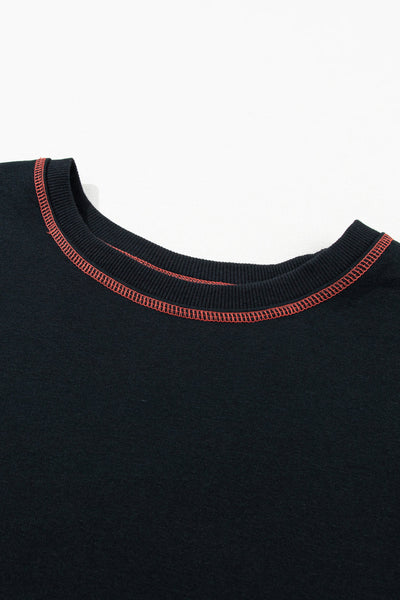Cozy Women's Black Baggy Sweatshirt with Trendy Contrast Stitching and Chic Split Hem for Stylish Comfort