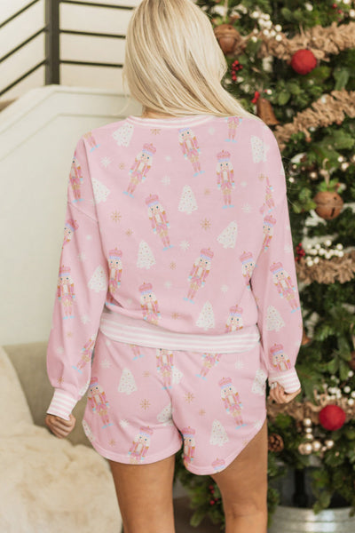 Women's Holiday Comfort Pink Nutcracker Doll Print Long Sleeve Top & Shorts Lounge Set with Contrast Trim