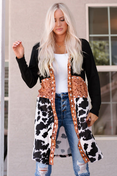 Chic Women's Black Cow Print Patchwork Cardigan - Cozy Open Front Layer for Trendy Western Style Outfits