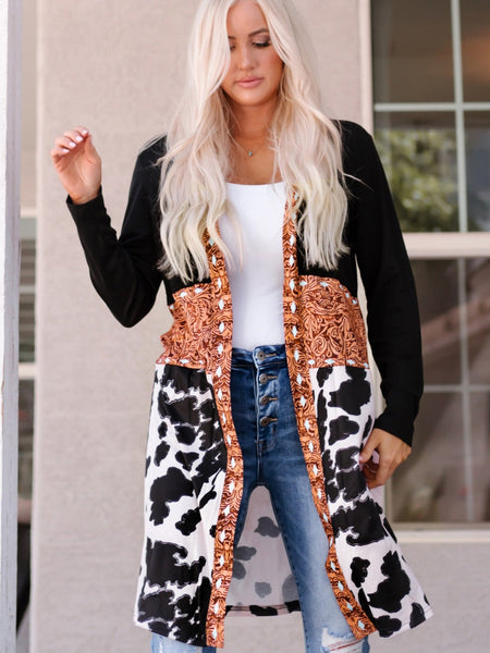 Cow Print Western Style Patchwork Cardigan