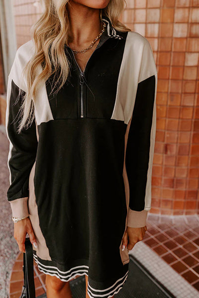 Women's Stylish Black Color Block Long Sleeve Mini Dress with Quarter Zip Comfy Fit for Casual Outings and Events