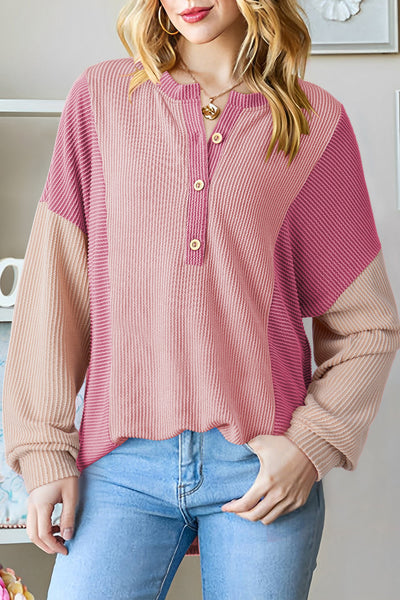 Women's Pink Ribbed Colorblock Henley Pullover with Half-Placket