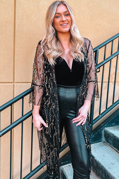 Women's Black Sequin Sheer Long Sleeve Open Front Kimono