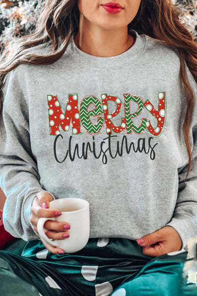 women's mixed-pattern 'merry christmas' gray drop shoulder sweatshirt made for easy styling and wardrobe coordination, with premium-like structure and
