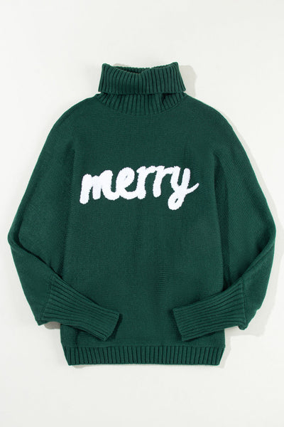 Women's Cozy Blackish Green Merry Letter High Neck Sweater - Stylish Fit for Casual Outings and Everyday Wear made for easy styling and wardrobe