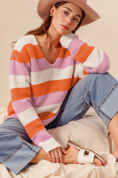 Stylish Women's Orange Striped Colorblock V-Neck Sweater - Casual Comfort for Everyday Chic Looks made for easy styling and wardrobe coordination,