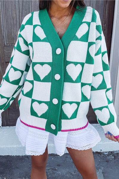 Women's Sea Green Heart Intarsia Checkerboard Knit Cardigan