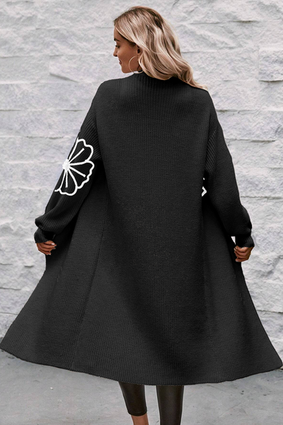Chic Black Flower Embroidered Duster Cardigan for Women - Stylish Open Front, Drop Shoulder, Perfect for Layering