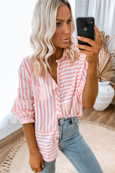 Women's Casual Long Sleeve Pink Striped Button-Up Shirt - Stylish Everyday Top for Effortless Outfits