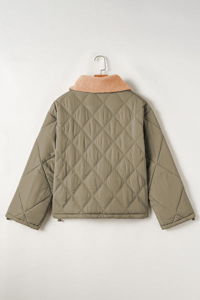 Women's Stylish Jungle Green Quilted Puffer Jacket with Cozy Teddy Collar and Functional Flap Pockets for Winter Wear