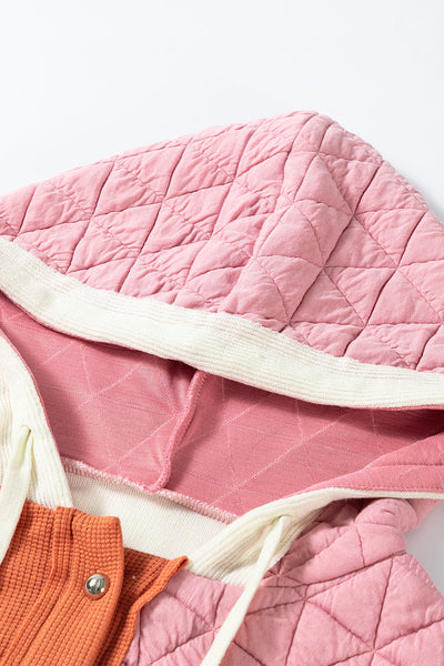 women's coral quilted hooded jacket - textured patchwork design, loose fit, easy and wearable outerwear made for easy styling and wardrobe with
