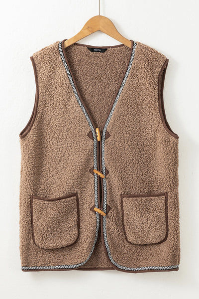 Women's Dark Khaki Sherpa Vest with Geometric Trim and Toggles with practical styling and dependable silhouette control.