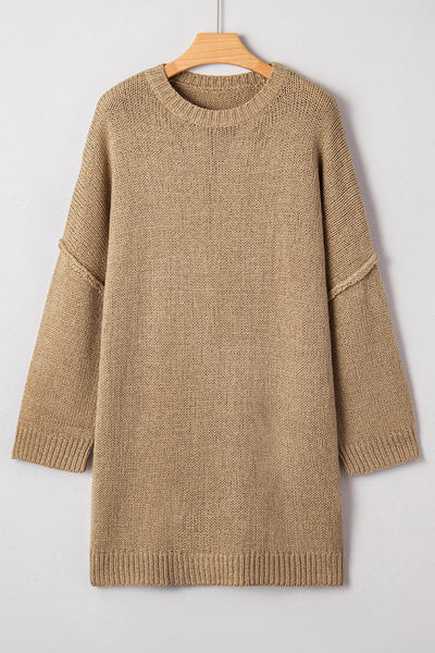 Women's Pale Khaki Oversized Knit Sweater Dress with Exposed Seams