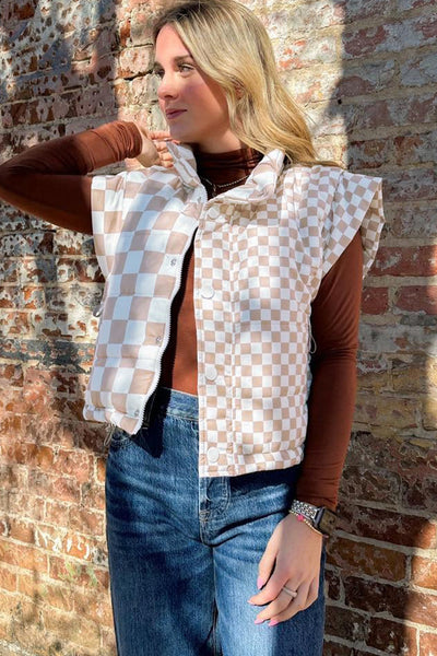 Women's Khaki Checkered Quilted Vest with Mock Neck