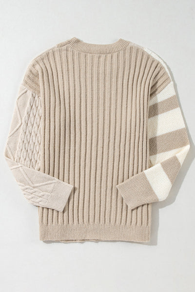 Women's Cozy Khaki Cable Knit Colorblock Sweater - Chic Drop Shoulder Crew Neck for Effortless Style and Comfort