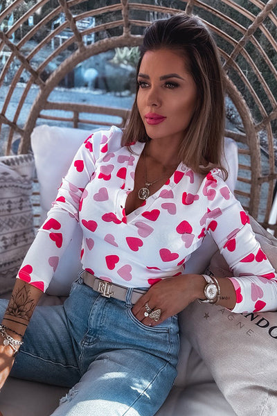women's fitted pink heart print long sleeve top with buttoned neckline - perfect for valentine's day celebrations with practical styling and