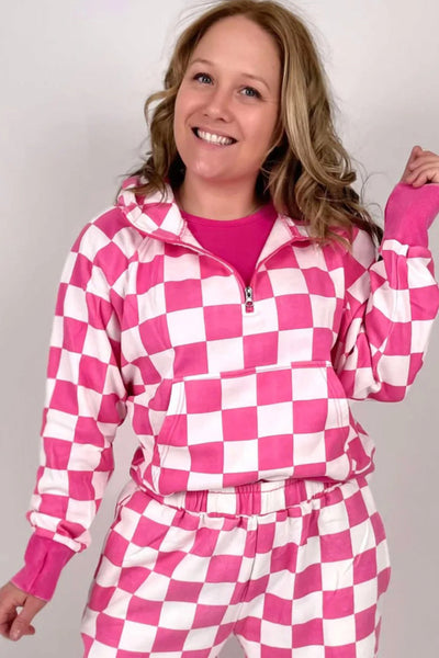Cozy Women's Red Checkered Half Zip Hoodie - Stylish Casual Top for Everyday Comfort and Effortless Style