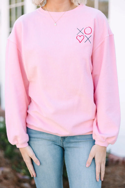 Cozy Women's Oversized Pink Sweatshirt with 3D Ribbed XOXO Heart Embroidery for Casual Style and Comfort
