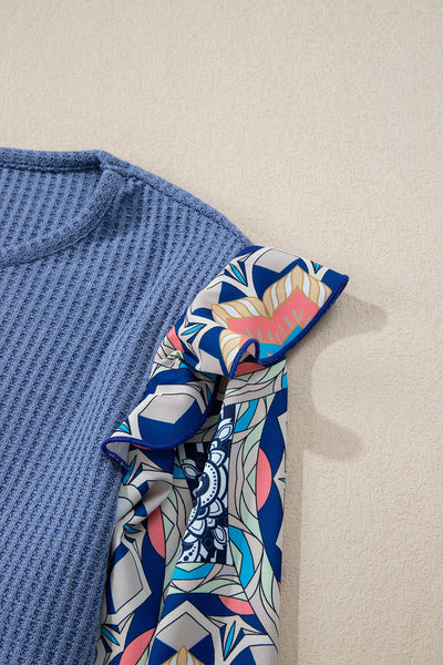 Women's Casual Chic Blue Floral Ruffled Sleeve Blouse - Stylish Patchwork Waffle Knit Top for Effortless Elegance