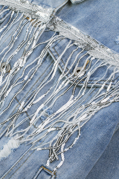 Women's Sky Blue Sequin Fringe Distressed Denim Jacket