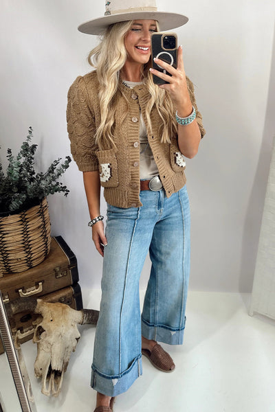 Cozy Women's Elmwood Cardigan with Puff Sleeves, Western Horse Print, Textured Knit, Perfect for Fall Layering