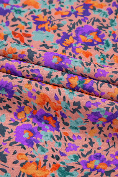 Elegant Women's Purple Floral Blouse with Frilled Neckline & Shirred Cuffs - Perfect for Casual or Formal Occasions