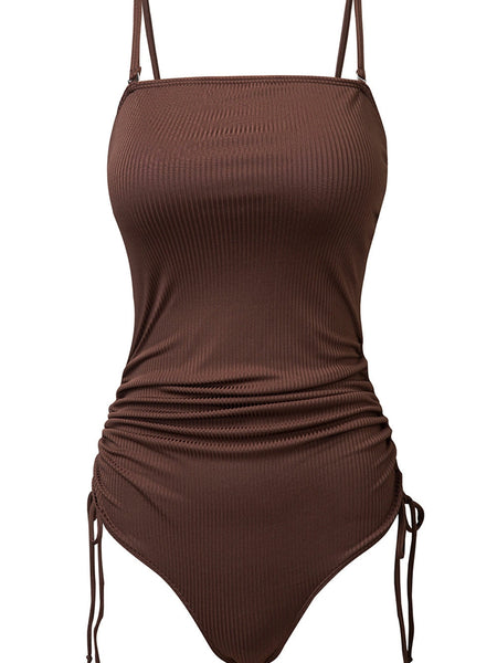 Ribbed Coffee Boho Drawstring Monokini Swimsuit
