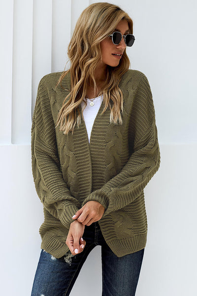 Cozy Olive Green Chunky Knit Cardigan for Women - Long Sleeve Open Front Sweater, Ideal for Stylish Layering