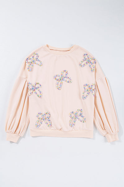 Cozy Women's Oversized Parchment Sweatshirt with Embroidered Bow & Lantern Sleeves Chic Pullover for Effortless Style