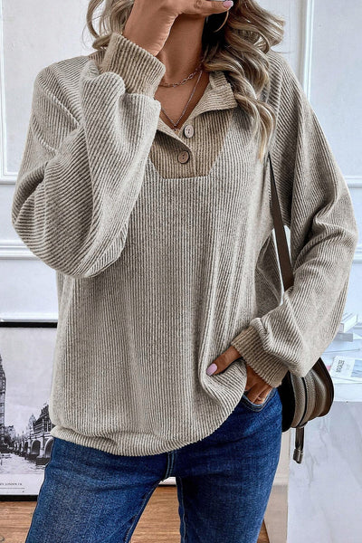 Women's Relaxed Fit Color Block Ribbed Long Sleeve Top in Jet Stream - Trendy Contrast Design for Effortless Style