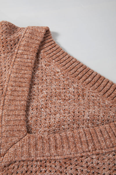 Cozy Casual Women's Dark Brown Loose-Fit Eyelet V-Neck Sweater with Drop Shoulders for Effortless Style