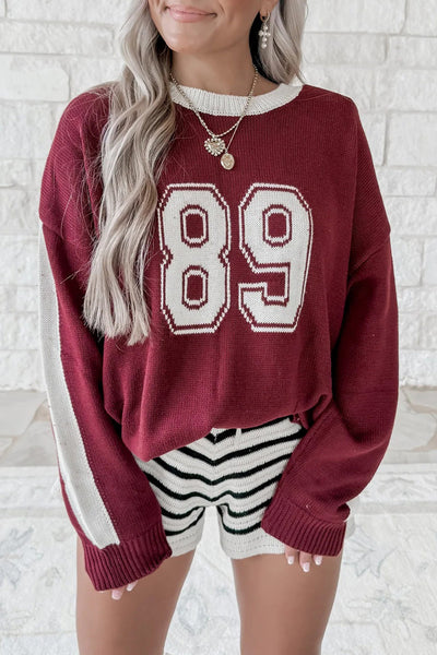 Cozy Women's Red Color Block Knit Pullover Sweater - Loose Fit Drop Shoulder for Casual Chic Style