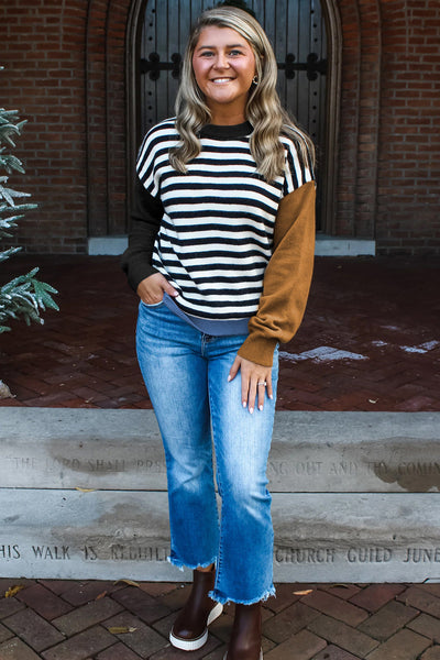 Trendy Women's Khaki Colorblock Sweater with Striped Sleeves for Stylish Fall Outfits and Cozy Comfort