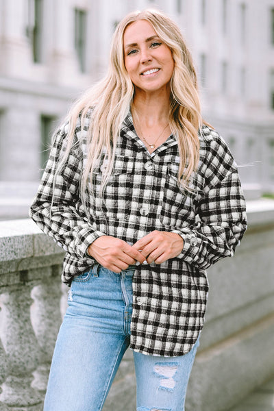 Stylish Oversized Women's Black Plaid Shacket Tunic with Button Details and Chest Pockets for Effortless Casual Chic