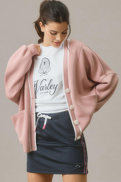 Women's Pink Striped Knit Cardigan with Contrast Trim, V-Neck, Button Front, and Pocket - Stylish & Cozy Layering Piece