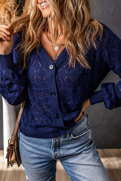 Women's Blue Lightweight Crochet Cardigan with Button Front  Stylish, Comfortable Fit for Any Casual Occasion