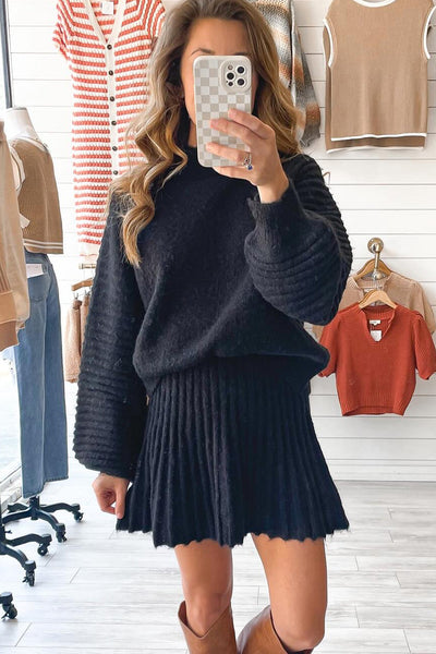 Trendy Women's Black High Neck Puff Sleeve Sweater & Pleated Mini Skirt Set - Fashionable 2-Piece Knit Ensemble