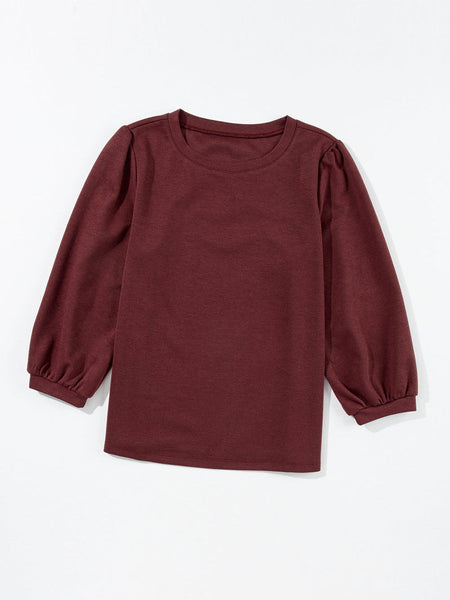 Crimson Dahlia Elegant 3/4 Sleeve Crew Neck Blouse
