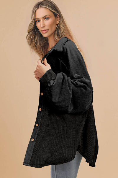 Women's Waffle Knit Oversized Patchwork Shacket in Midnight Black
