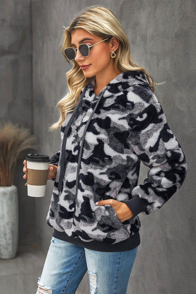 Women's Gray Camouflage Sherpa 1/4 Zip Fleece Hoodie